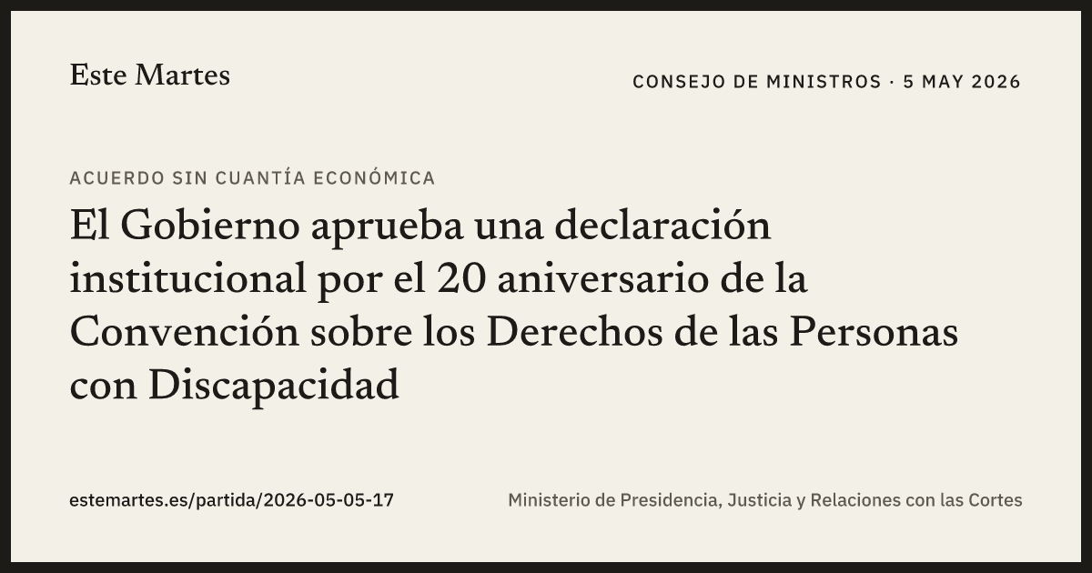 Tarjeta: El Gobierno aprueba una declaración institucional por el 20 aniversario de la Convención sobre los Derechos de las Personas con Discapacidad