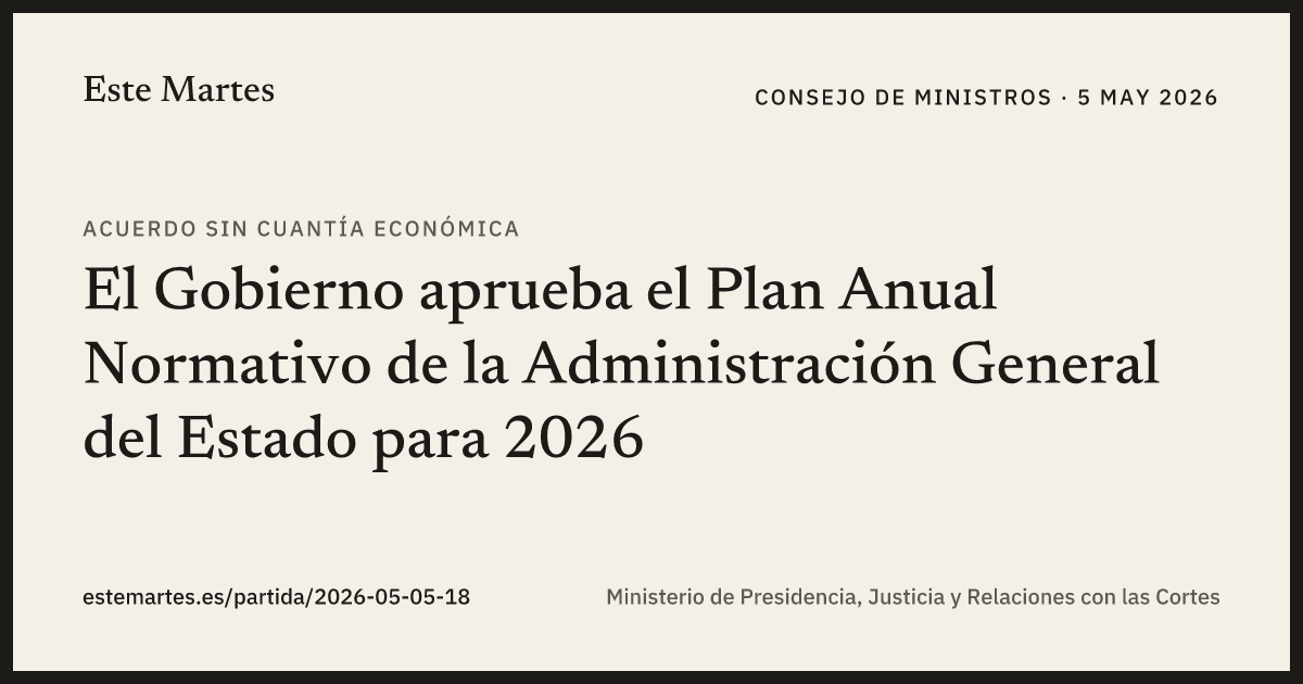 Tarjeta: El Gobierno aprueba el Plan Anual Normativo de la Administración General del Estado para 2026