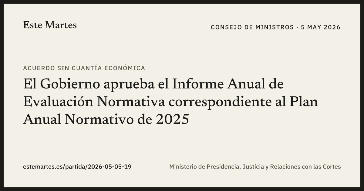Tarjeta: El Gobierno aprueba el Informe Anual de Evaluación Normativa correspondiente al Plan Anual Normativo de 2025