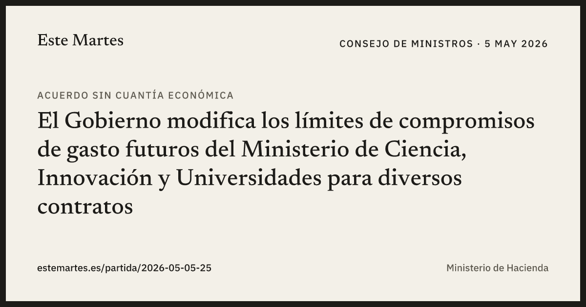 Tarjeta: El Gobierno modifica los límites de compromisos de gasto futuros del Ministerio de Ciencia, Innovación y Universidades para diversos contratos