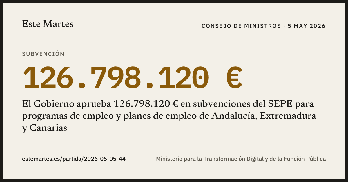 Tarjeta: El Gobierno aprueba 126.798.120 € en subvenciones del SEPE para programas de empleo y planes de empleo de Andalucía, Extremadura y Canarias