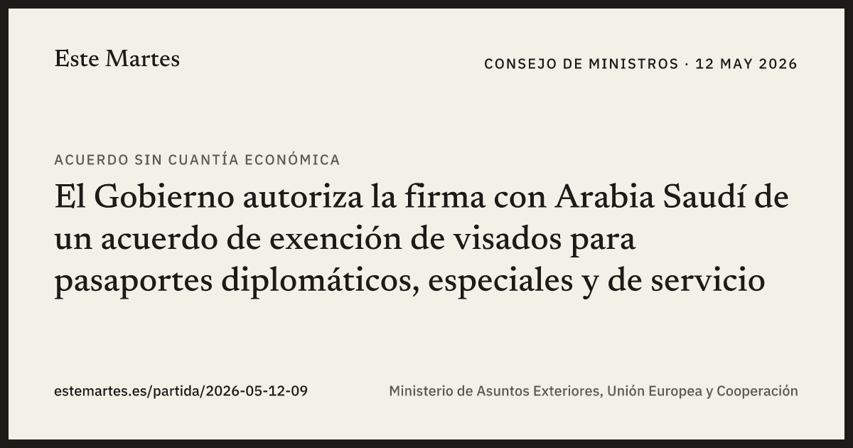 Tarjeta: El Gobierno autoriza la firma con Arabia Saudí de un acuerdo de exención de visados para pasaportes diplomáticos, especiales y de servicio