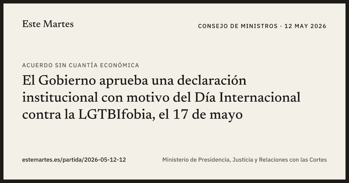 Tarjeta: El Gobierno aprueba una declaración institucional con motivo del Día Internacional contra la LGTBIfobia, el 17 de mayo