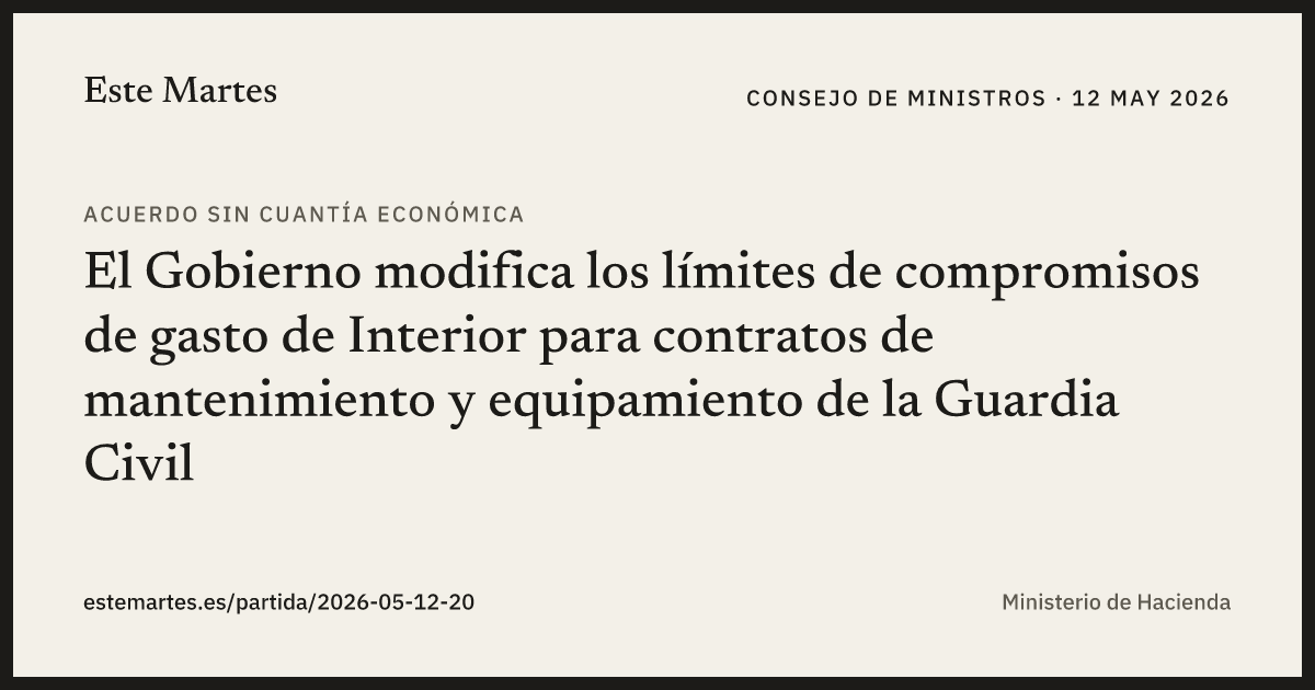 Tarjeta: El Gobierno modifica los límites de compromisos de gasto de Interior para contratos de mantenimiento y equipamiento de la Guardia Civil
