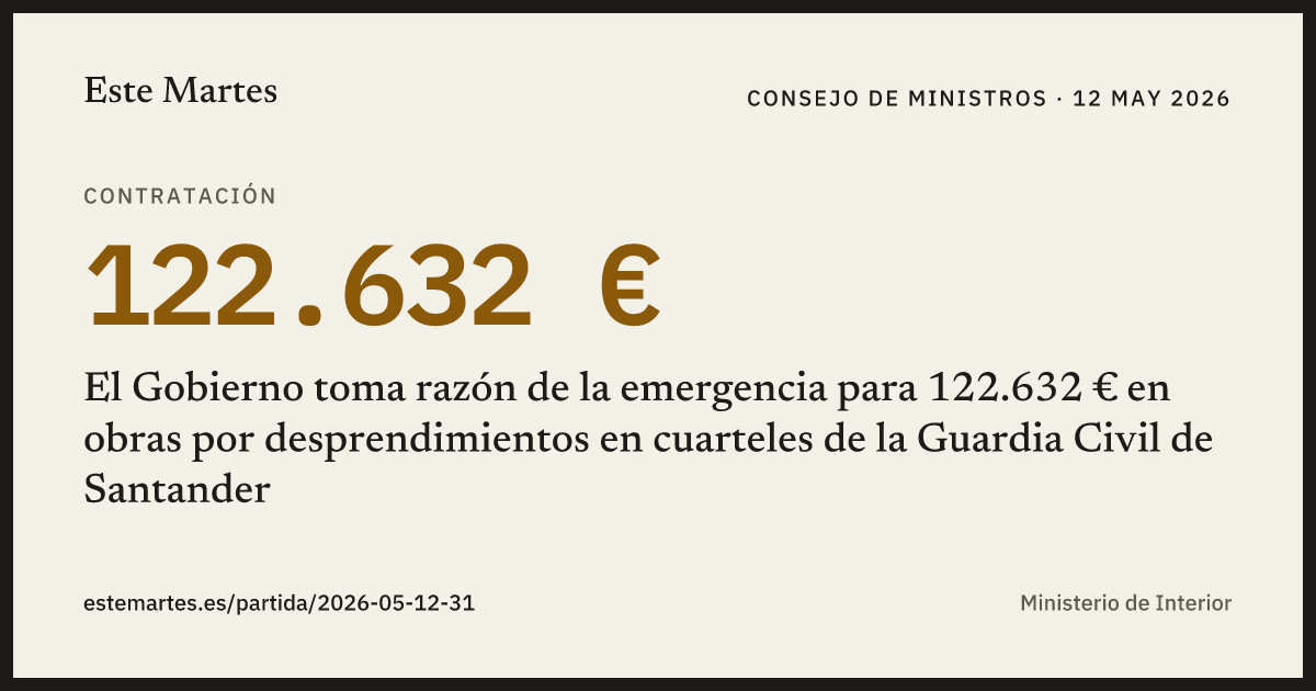 Tarjeta: El Gobierno toma razón de la emergencia para 122.632 € en obras por desprendimientos en cuarteles de la Guardia Civil de Santander