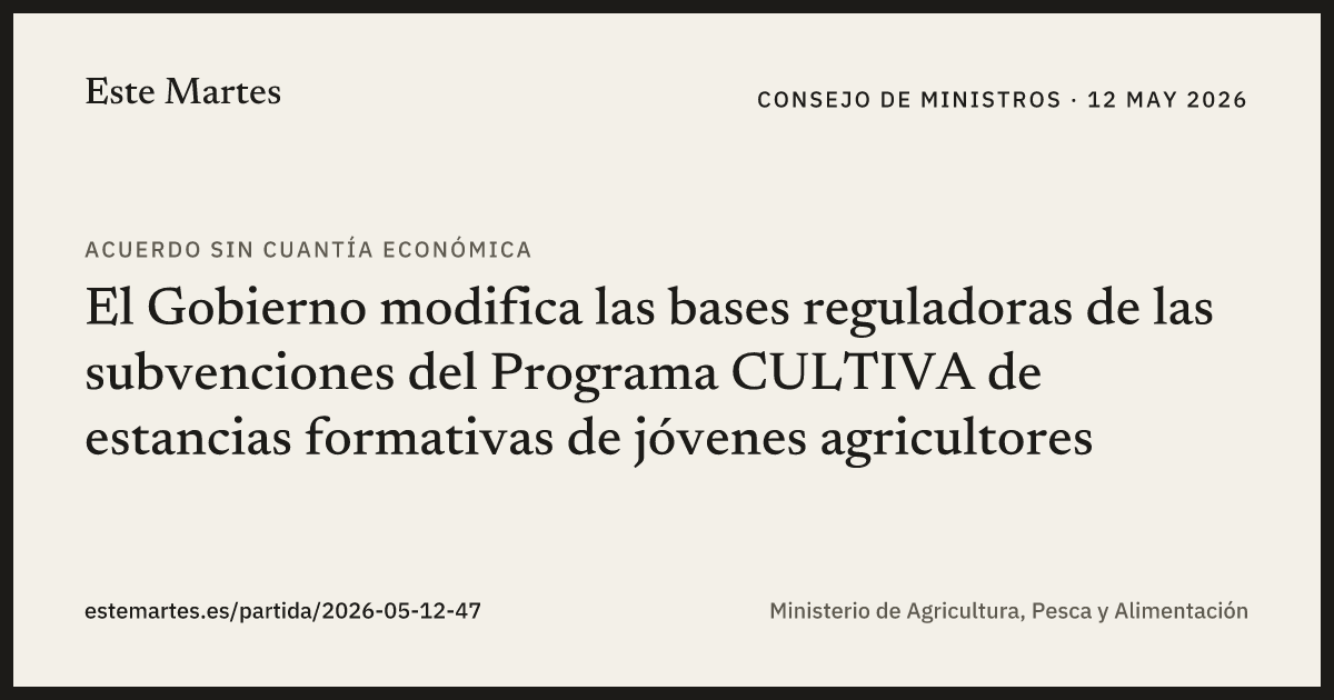 Tarjeta: El Gobierno modifica las bases reguladoras de las subvenciones del Programa CULTIVA de estancias formativas de jóvenes agricultores