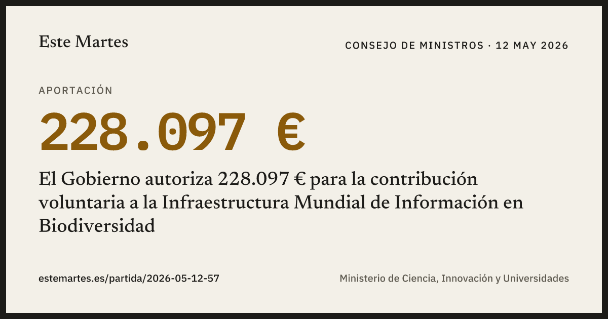 Tarjeta: El Gobierno autoriza 228.097 € para la contribución voluntaria a la Infraestructura Mundial de Información en Biodiversidad