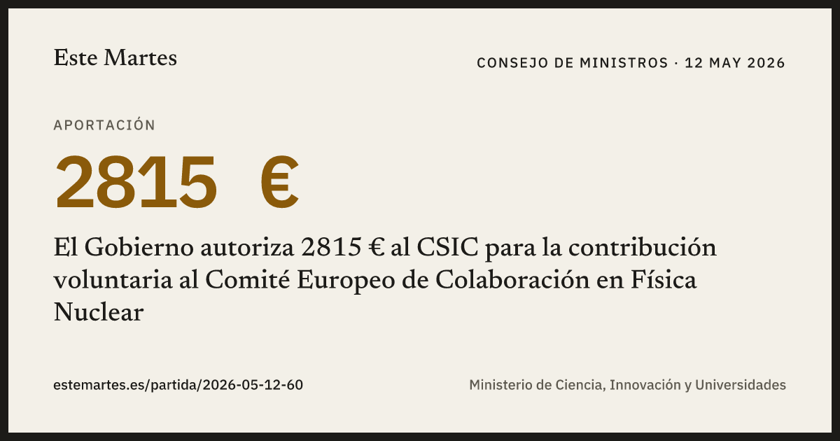 Tarjeta: El Gobierno autoriza 2815 € al CSIC para la contribución voluntaria al Comité Europeo de Colaboración en Física Nuclear