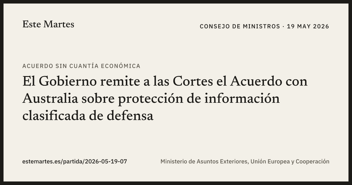 Tarjeta: El Gobierno remite a las Cortes el Acuerdo con Australia sobre protección de información clasificada de defensa