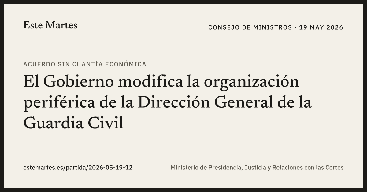 Tarjeta: El Gobierno modifica la organización periférica de la Dirección General de la Guardia Civil