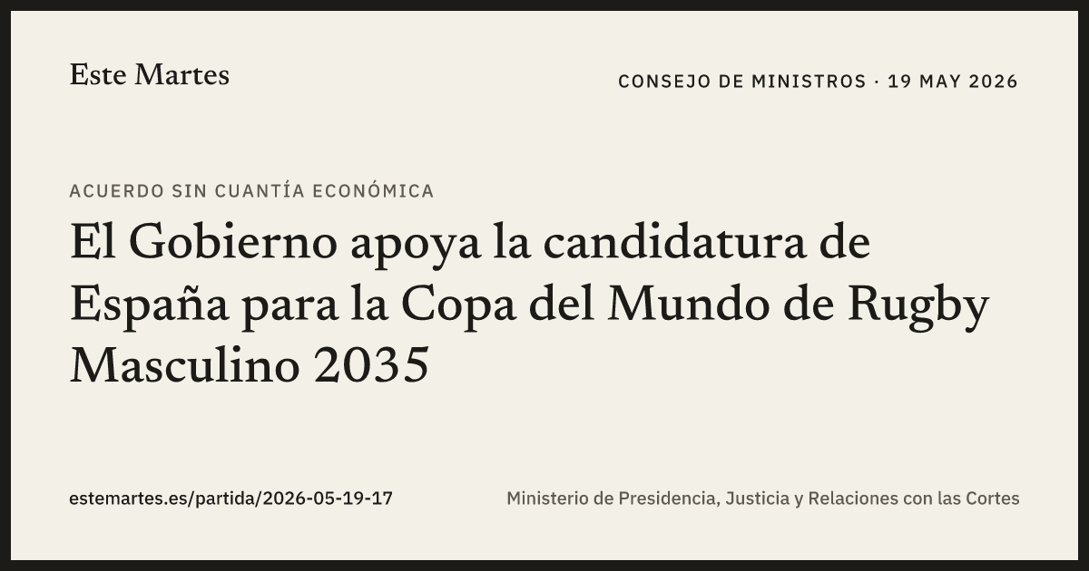 Tarjeta: El Gobierno apoya la candidatura de España para la Copa del Mundo de Rugby Masculino 2035