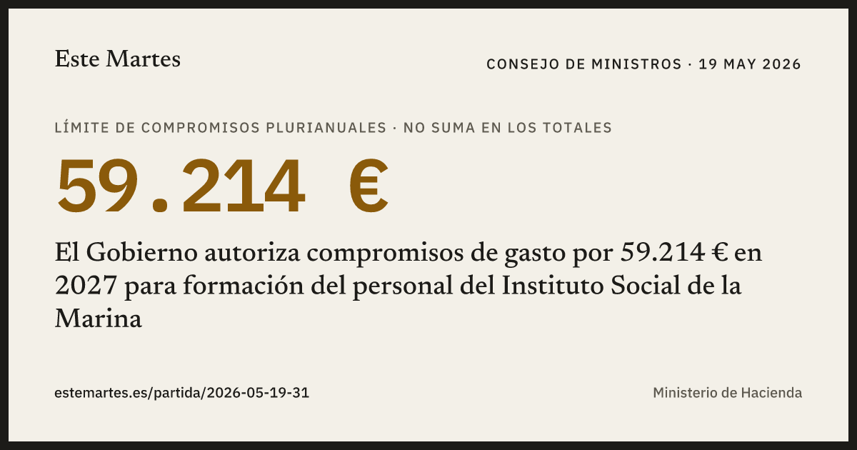 Tarjeta: El Gobierno autoriza compromisos de gasto por 59.214 € en 2027 para formación del personal del Instituto Social de la Marina
