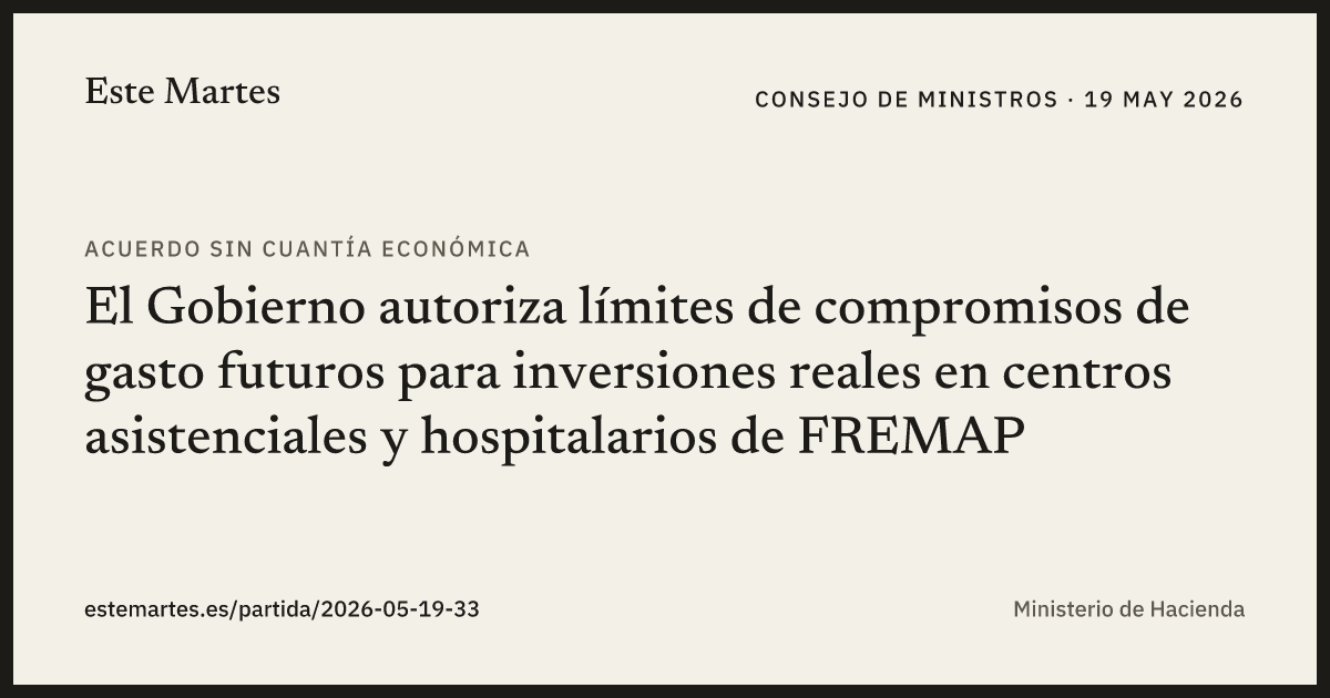 Tarjeta: El Gobierno autoriza límites de compromisos de gasto futuros para inversiones reales en centros asistenciales y hospitalarios de FREMAP