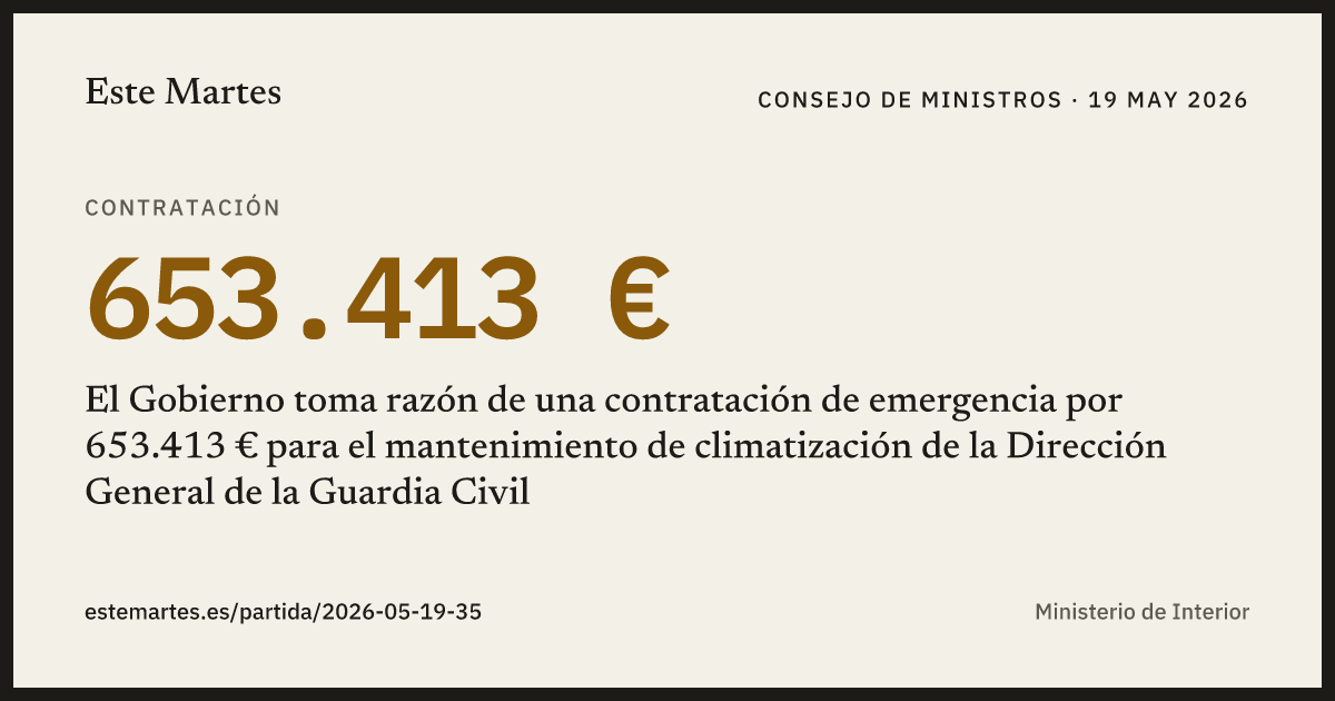 Tarjeta: El Gobierno toma razón de una contratación de emergencia por 653.413 € para el mantenimiento de climatización de la Dirección General de la Guardia Civil