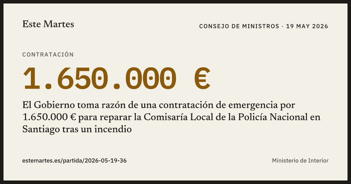 Tarjeta: El Gobierno toma razón de una contratación de emergencia por 1.650.000 € para reparar la Comisaría Local de la Policía Nacional en Santiago tras un incendio