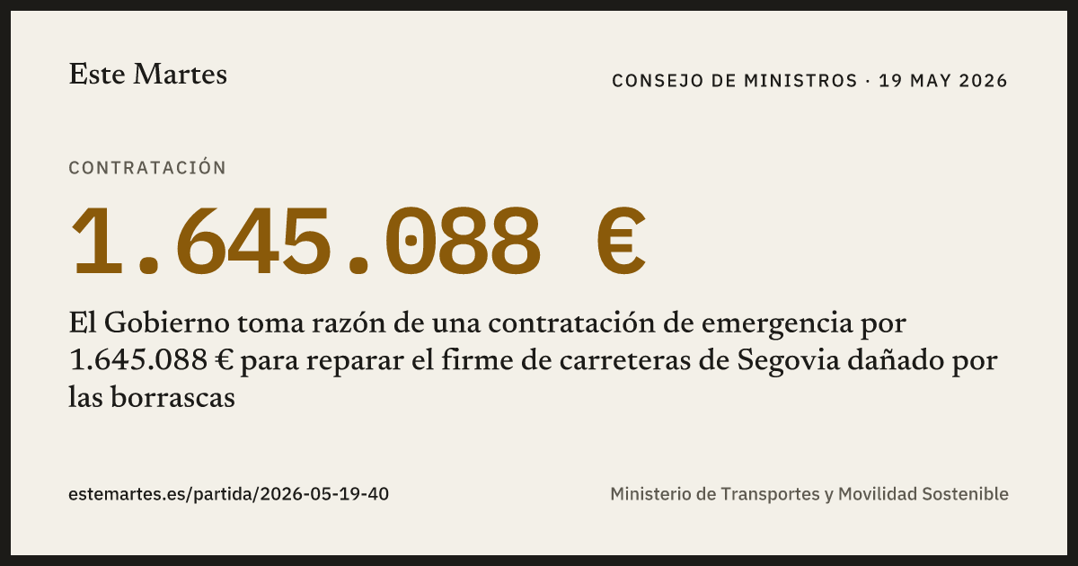 Tarjeta: El Gobierno toma razón de una contratación de emergencia por 1.645.088 € para reparar el firme de carreteras de Segovia dañado por las borrascas