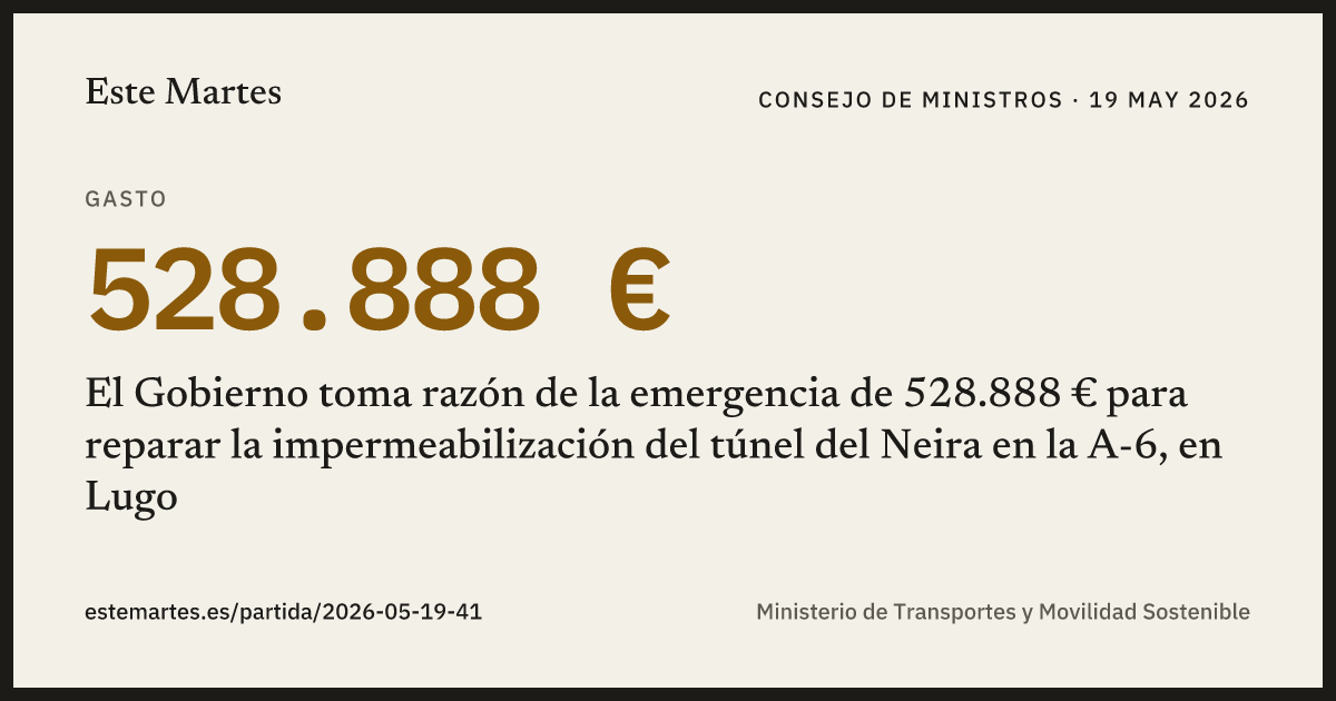Tarjeta: El Gobierno toma razón de la emergencia de 528.888 € para reparar la impermeabilización del túnel del Neira en la A-6, en Lugo