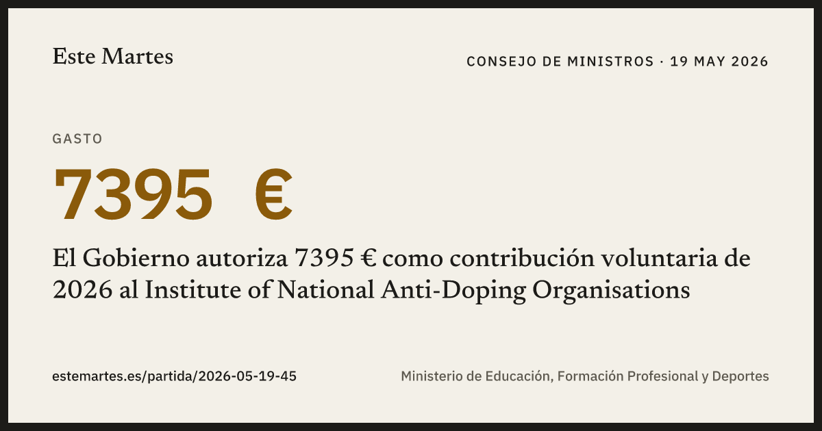 Tarjeta: El Gobierno autoriza 7395 € como contribución voluntaria de 2026 al Institute of National Anti-Doping Organisations