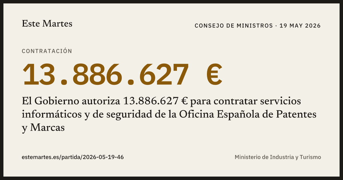 Tarjeta: El Gobierno autoriza 13.886.627 € para contratar servicios informáticos y de seguridad de la Oficina Española de Patentes y Marcas