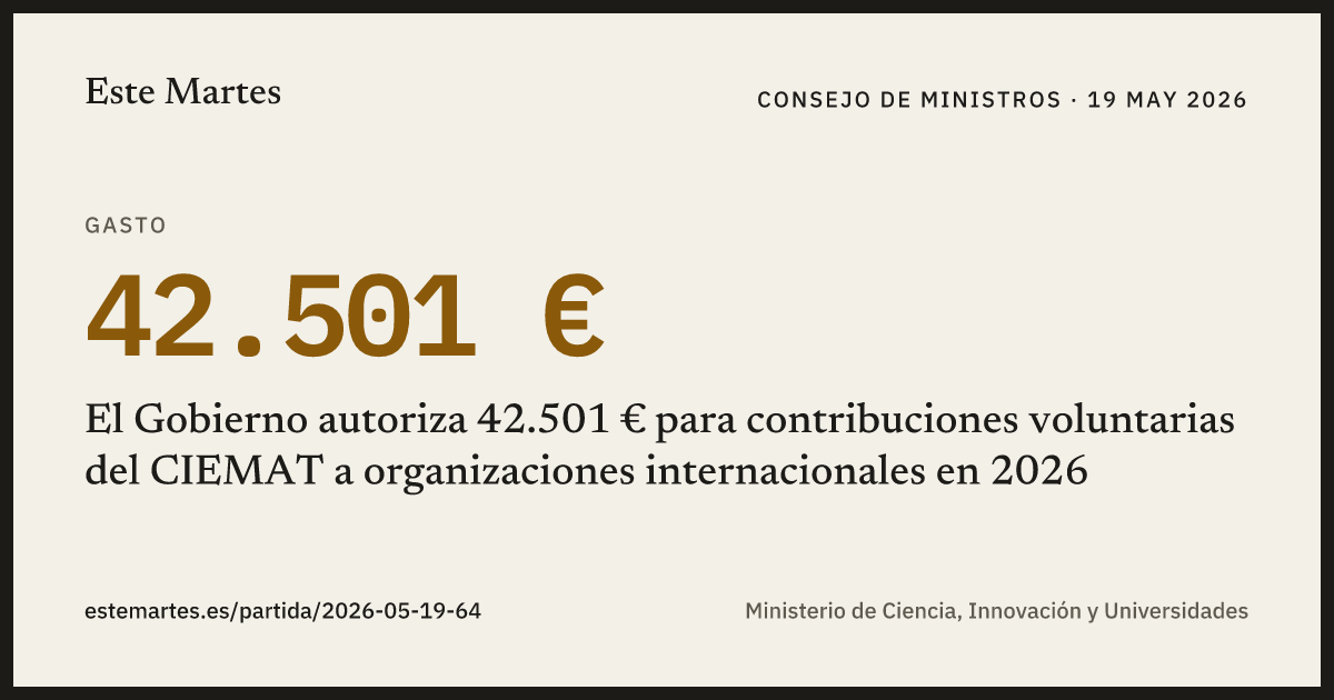 Tarjeta: El Gobierno autoriza 42.501 € para contribuciones voluntarias del CIEMAT a organizaciones internacionales en 2026