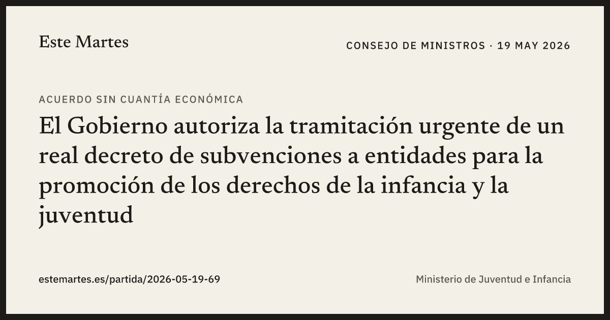 Tarjeta: El Gobierno autoriza la tramitación urgente de un real decreto de subvenciones a entidades para la promoción de los derechos de la infancia y la juventud