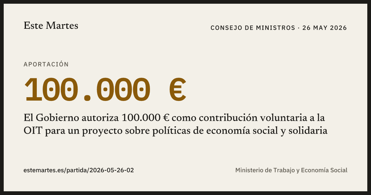 Tarjeta: El Gobierno autoriza 100.000 € como contribución voluntaria a la OIT para un proyecto sobre políticas de economía social y solidaria