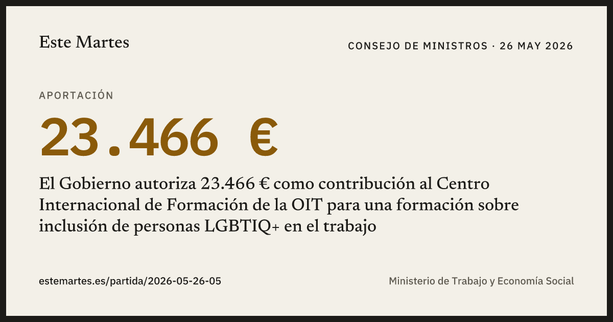 Tarjeta: El Gobierno autoriza 23.466 € como contribución al Centro Internacional de Formación de la OIT para una formación sobre inclusión de personas LGBTIQ+ en el trabajo