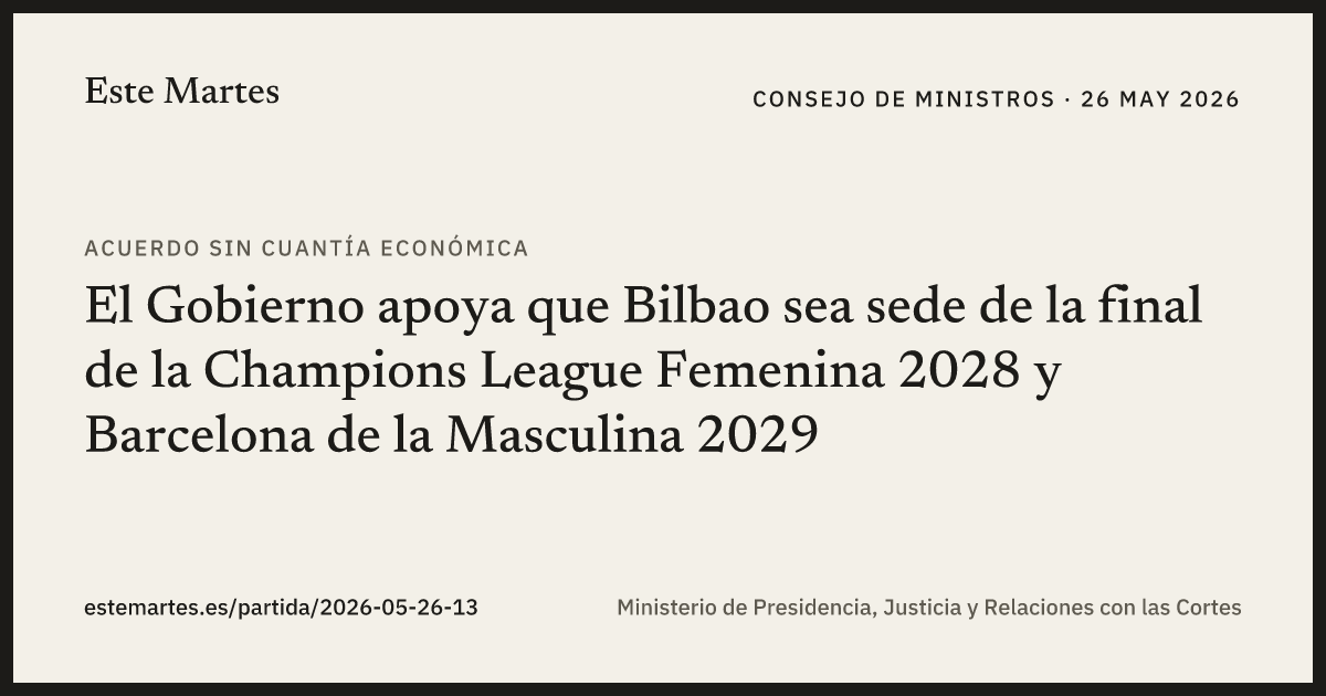 Tarjeta: El Gobierno apoya que Bilbao sea sede de la final de la Champions League Femenina 2028 y Barcelona de la Masculina 2029