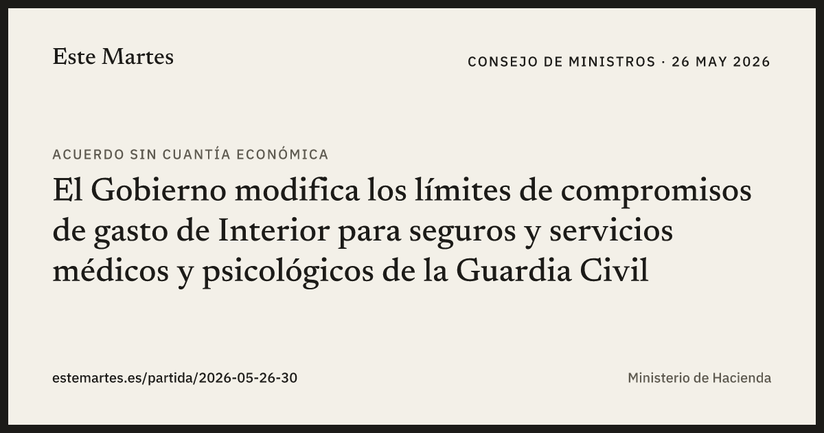 Tarjeta: El Gobierno modifica los límites de compromisos de gasto de Interior para seguros y servicios médicos y psicológicos de la Guardia Civil