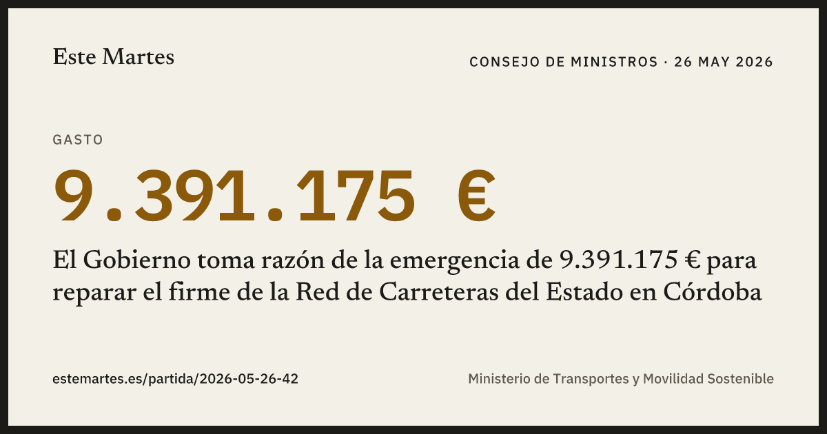 Tarjeta: El Gobierno toma razón de la emergencia de 9.391.175 € para reparar el firme de la Red de Carreteras del Estado en Córdoba