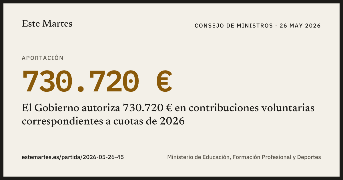 Tarjeta: El Gobierno autoriza 730.720 € en contribuciones voluntarias correspondientes a cuotas de 2026