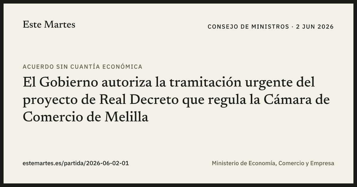 Tarjeta: El Gobierno autoriza la tramitación urgente del proyecto de Real Decreto que regula la Cámara de Comercio de Melilla