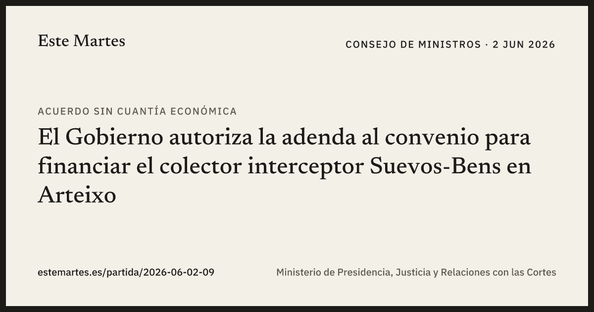 Tarjeta: El Gobierno autoriza la adenda al convenio para financiar el colector interceptor Suevos-Bens en Arteixo