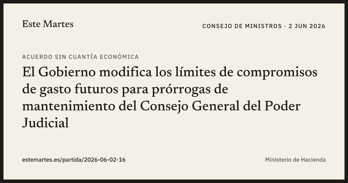 Tarjeta: El Gobierno modifica los límites de compromisos de gasto futuros para prórrogas de mantenimiento del Consejo General del Poder Judicial