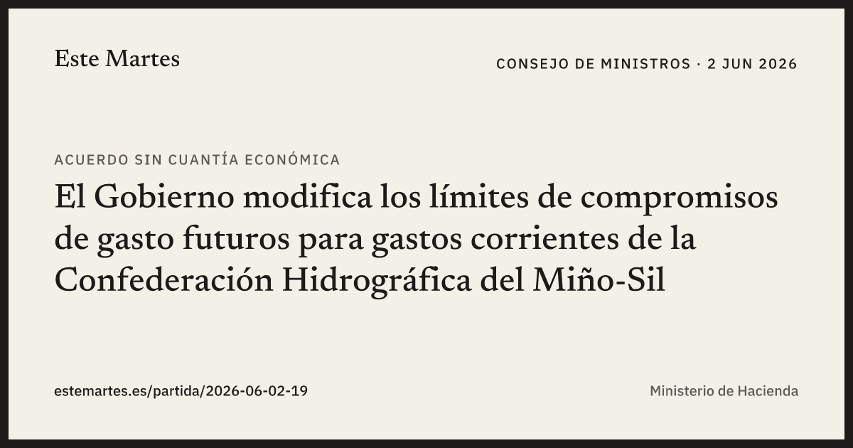 Tarjeta: El Gobierno modifica los límites de compromisos de gasto futuros para gastos corrientes de la Confederación Hidrográfica del Miño-Sil