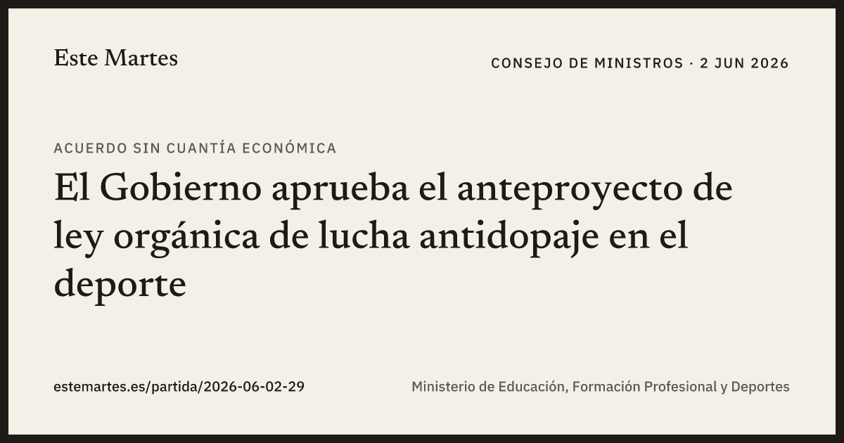 Tarjeta: El Gobierno aprueba el anteproyecto de ley orgánica de lucha antidopaje en el deporte
