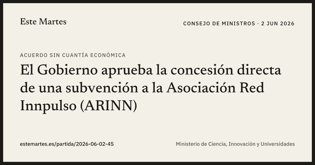 Tarjeta: El Gobierno aprueba la concesión directa de una subvención a la Asociación Red Innpulso (ARINN)