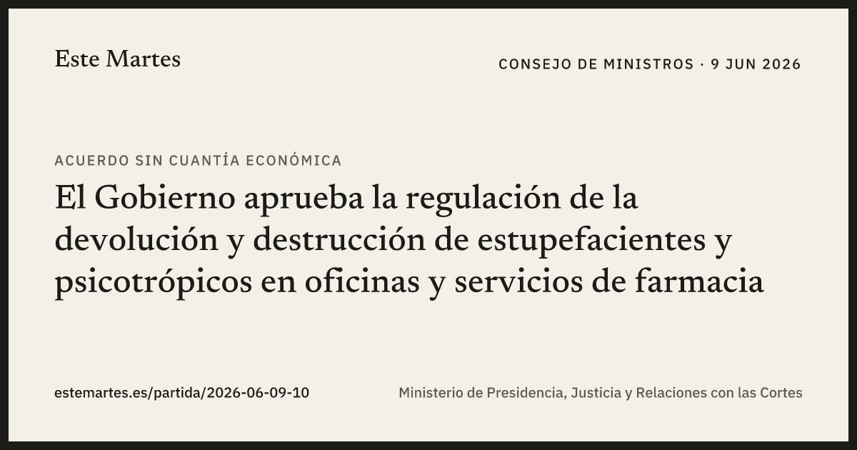 Tarjeta: El Gobierno aprueba la regulación de la devolución y destrucción de estupefacientes y psicotrópicos en oficinas y servicios de farmacia
