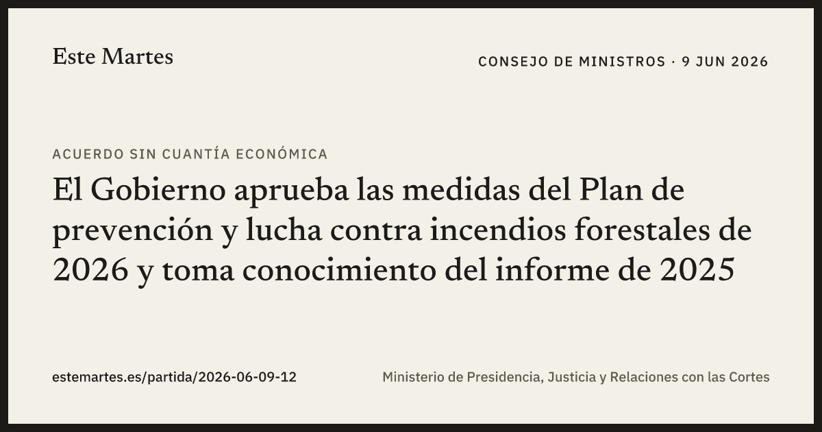 Tarjeta: El Gobierno aprueba las medidas del Plan de prevención y lucha contra incendios forestales de 2026 y toma conocimiento del informe de 2025