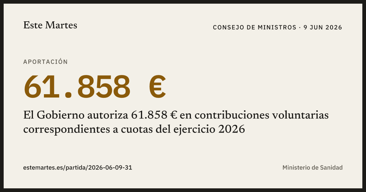 Tarjeta: El Gobierno autoriza 61.858 € en contribuciones voluntarias correspondientes a cuotas del ejercicio 2026