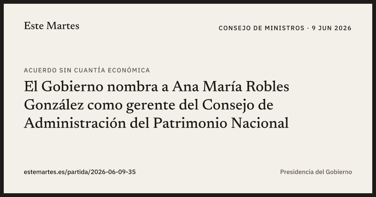Tarjeta: El Gobierno nombra a Ana María Robles González como gerente del Consejo de Administración del Patrimonio Nacional