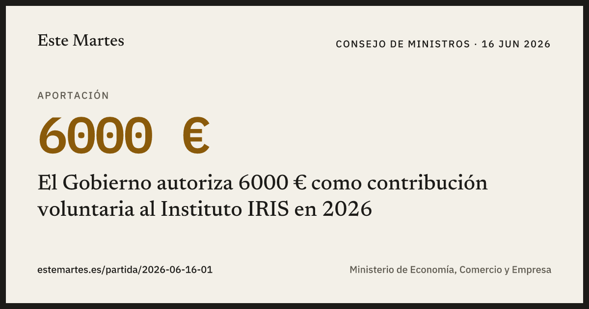 Tarjeta: El Gobierno autoriza 6000 € como contribución voluntaria al Instituto IRIS en 2026