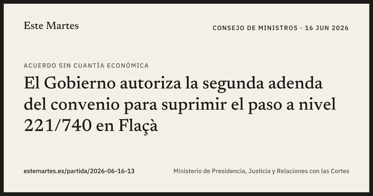 Tarjeta: El Gobierno autoriza la segunda adenda del convenio para suprimir el paso a nivel 221/740 en Flaçà