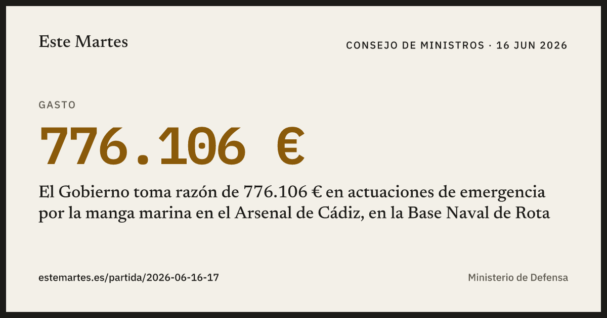 Tarjeta: El Gobierno toma razón de 776.106 € en actuaciones de emergencia por la manga marina en el Arsenal de Cádiz, en la Base Naval de Rota