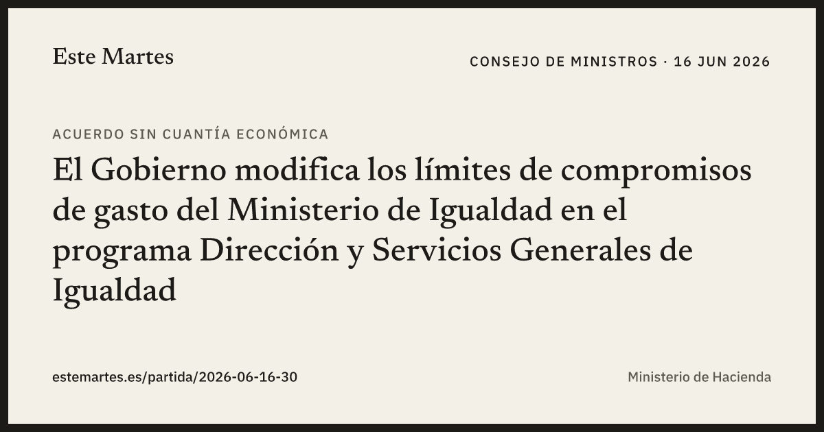 Tarjeta: El Gobierno modifica los límites de compromisos de gasto del Ministerio de Igualdad en el programa Dirección y Servicios Generales de Igualdad