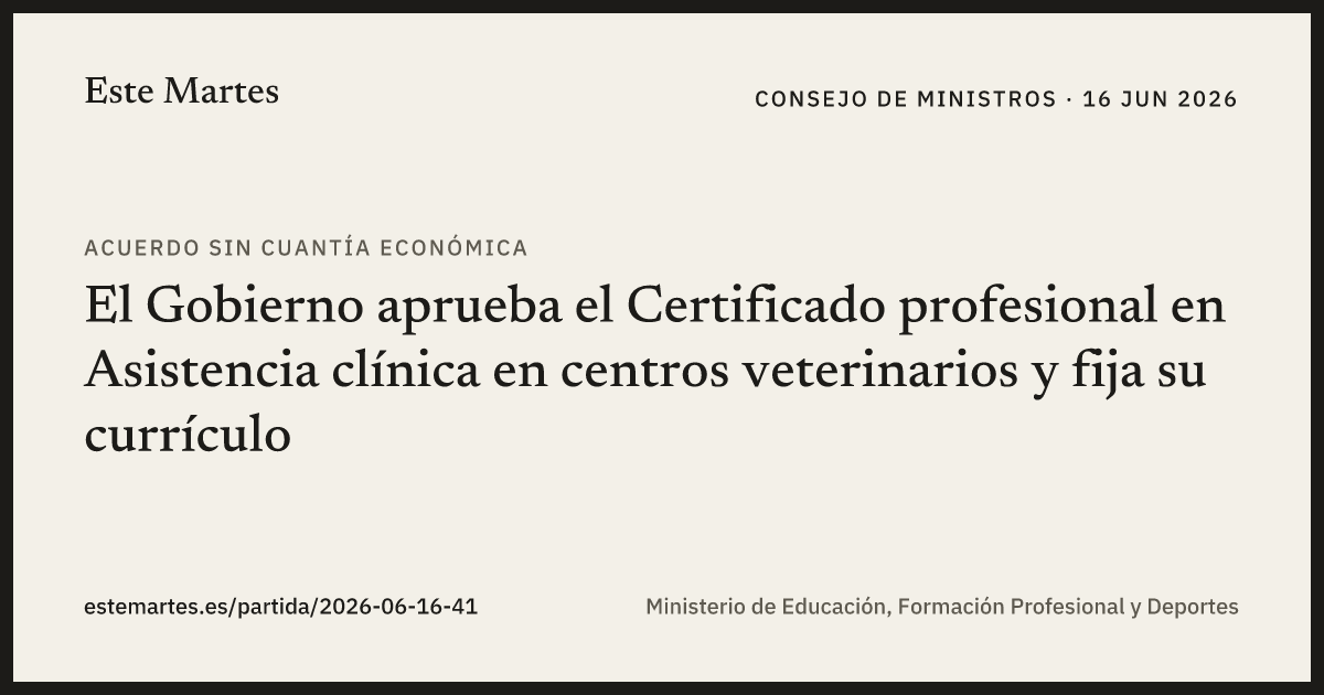 Tarjeta: El Gobierno aprueba el Certificado profesional en Asistencia clínica en centros veterinarios y fija su currículo