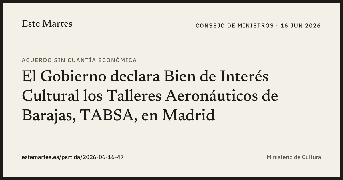 Tarjeta: El Gobierno declara Bien de Interés Cultural los Talleres Aeronáuticos de Barajas, TABSA, en Madrid