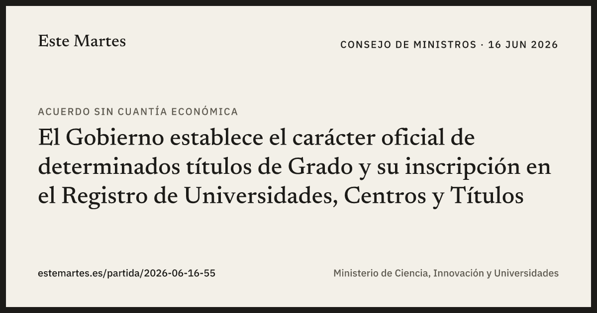 Tarjeta: El Gobierno establece el carácter oficial de determinados títulos de Grado y su inscripción en el Registro de Universidades, Centros y Títulos