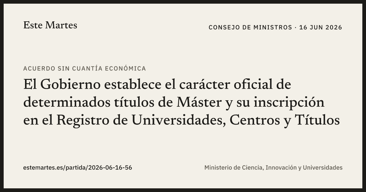 Tarjeta: El Gobierno establece el carácter oficial de determinados títulos de Máster y su inscripción en el Registro de Universidades, Centros y Títulos