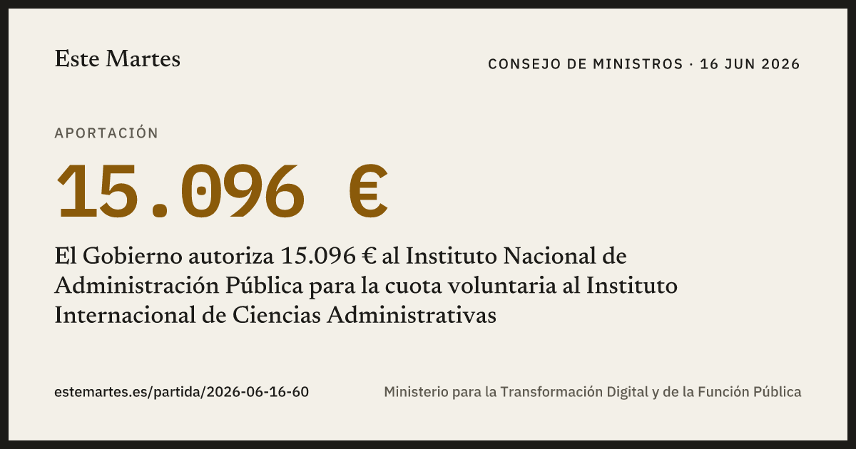 Tarjeta: El Gobierno autoriza 15.096 € al Instituto Nacional de Administración Pública para la cuota voluntaria al Instituto Internacional de Ciencias Administrativas